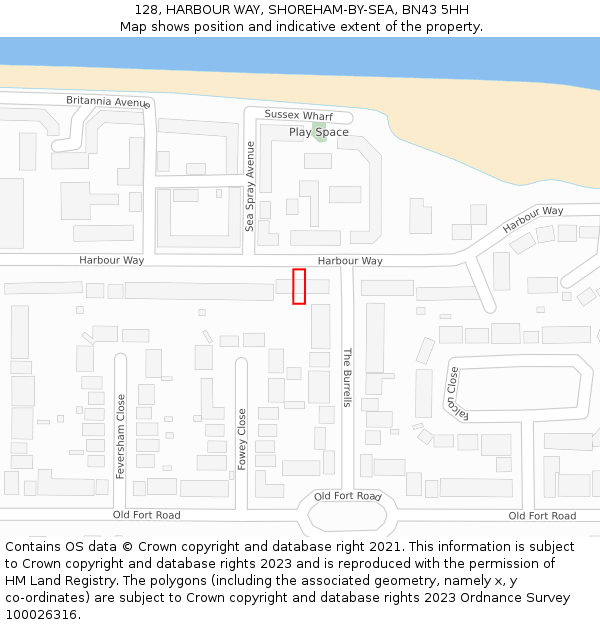 128, HARBOUR WAY, SHOREHAM-BY-SEA, BN43 5HH: Location map and indicative extent of plot