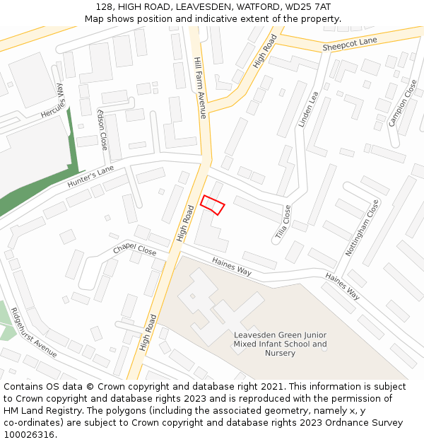 128, HIGH ROAD, LEAVESDEN, WATFORD, WD25 7AT: Location map and indicative extent of plot