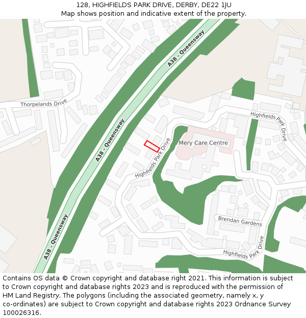128, HIGHFIELDS PARK DRIVE, DERBY, DE22 1JU: Location map and indicative extent of plot