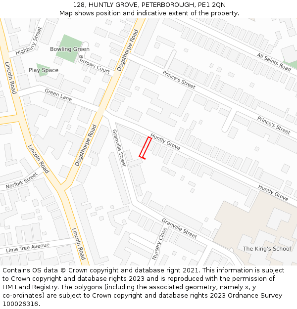 128, HUNTLY GROVE, PETERBOROUGH, PE1 2QN: Location map and indicative extent of plot