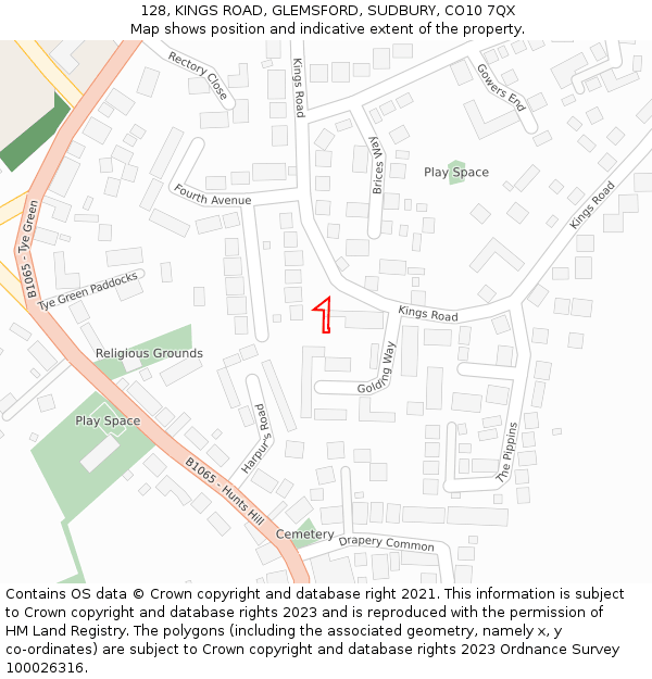 128, KINGS ROAD, GLEMSFORD, SUDBURY, CO10 7QX: Location map and indicative extent of plot