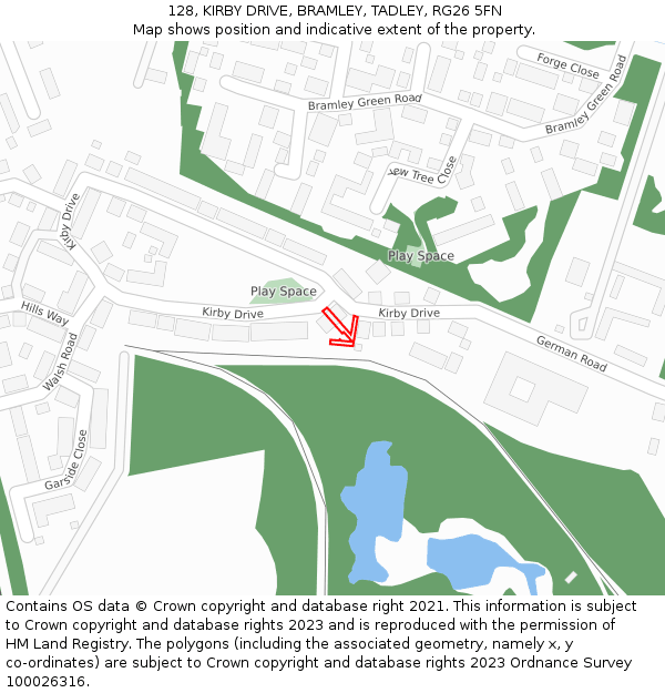 128, KIRBY DRIVE, BRAMLEY, TADLEY, RG26 5FN: Location map and indicative extent of plot