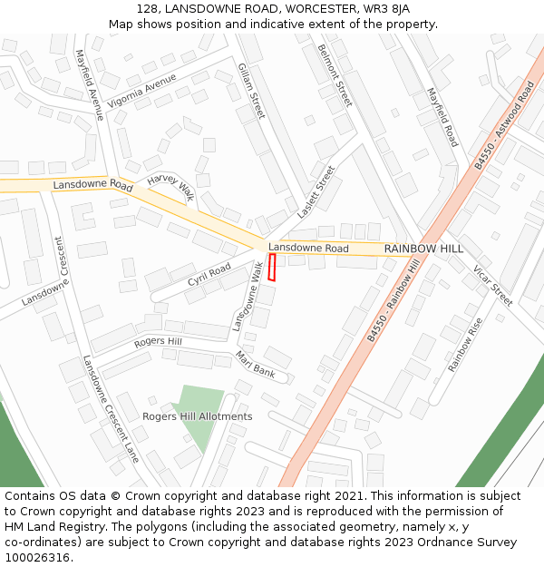 128, LANSDOWNE ROAD, WORCESTER, WR3 8JA: Location map and indicative extent of plot
