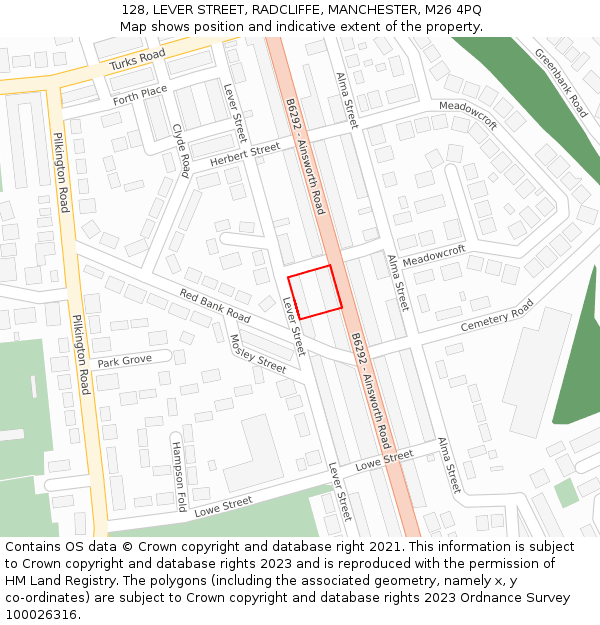 128, LEVER STREET, RADCLIFFE, MANCHESTER, M26 4PQ: Location map and indicative extent of plot