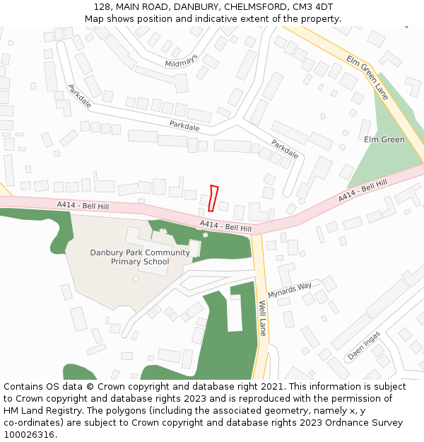 128, MAIN ROAD, DANBURY, CHELMSFORD, CM3 4DT: Location map and indicative extent of plot