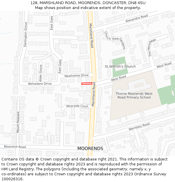 128, MARSHLAND ROAD, MOORENDS, DONCASTER, DN8 4SU: Location map and indicative extent of plot