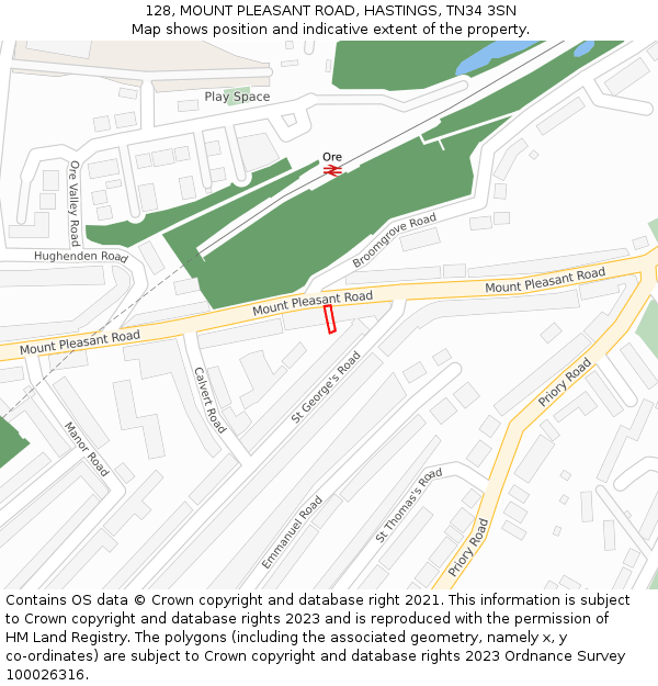 128, MOUNT PLEASANT ROAD, HASTINGS, TN34 3SN: Location map and indicative extent of plot