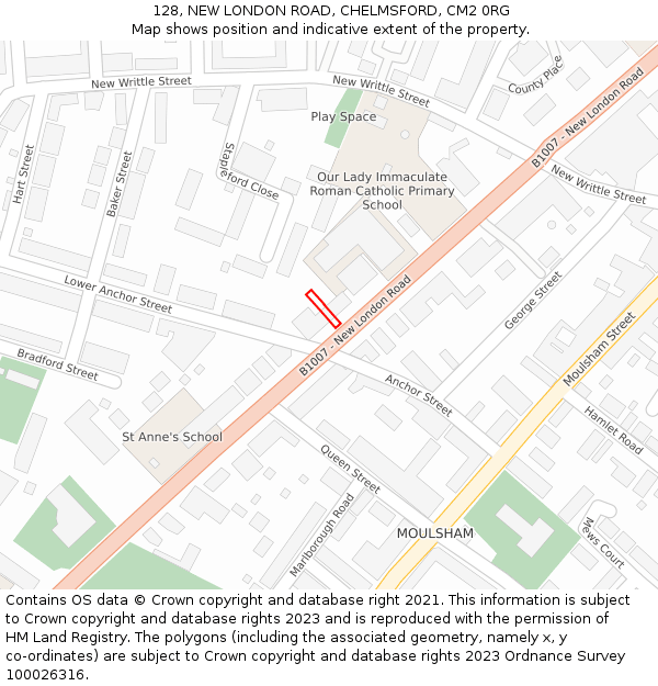 128, NEW LONDON ROAD, CHELMSFORD, CM2 0RG: Location map and indicative extent of plot