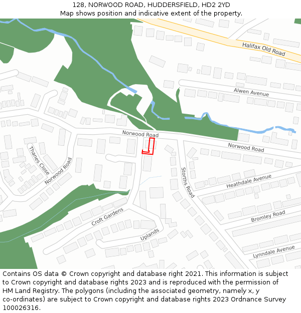 128, NORWOOD ROAD, HUDDERSFIELD, HD2 2YD: Location map and indicative extent of plot