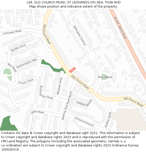128, OLD CHURCH ROAD, ST LEONARDS-ON-SEA, TN38 9HD: Location map and indicative extent of plot