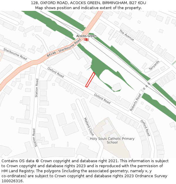 128, OXFORD ROAD, ACOCKS GREEN, BIRMINGHAM, B27 6DU: Location map and indicative extent of plot