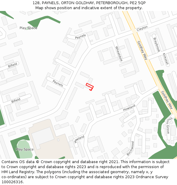 128, PAYNELS, ORTON GOLDHAY, PETERBOROUGH, PE2 5QP: Location map and indicative extent of plot