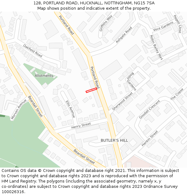 128, PORTLAND ROAD, HUCKNALL, NOTTINGHAM, NG15 7SA: Location map and indicative extent of plot