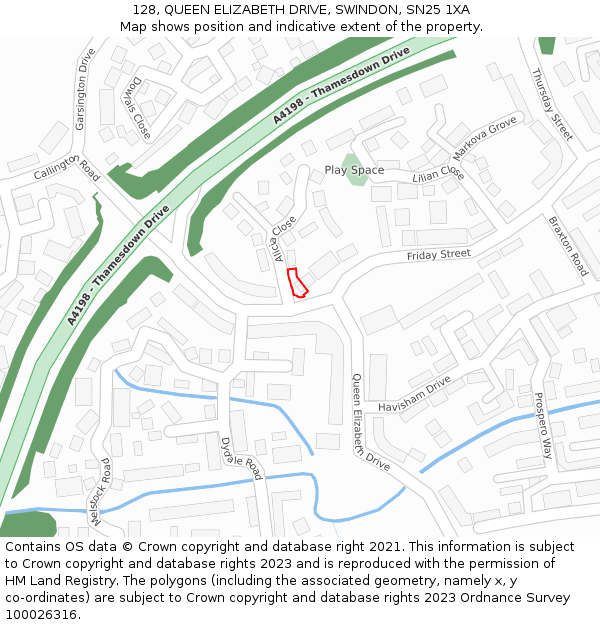 128, QUEEN ELIZABETH DRIVE, SWINDON, SN25 1XA: Location map and indicative extent of plot