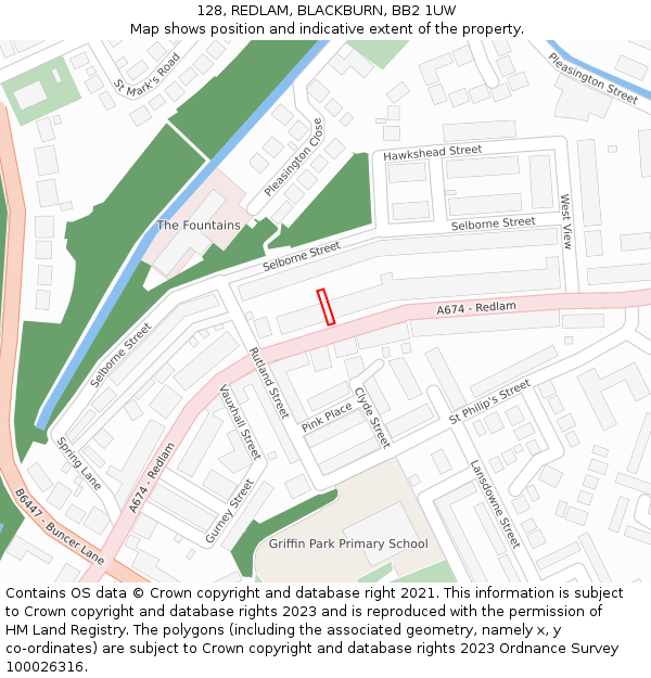128, REDLAM, BLACKBURN, BB2 1UW: Location map and indicative extent of plot