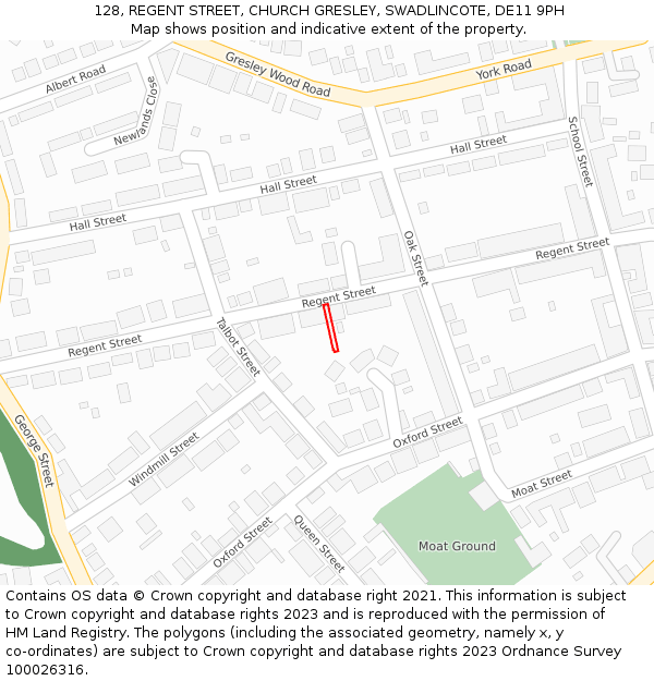 128, REGENT STREET, CHURCH GRESLEY, SWADLINCOTE, DE11 9PH: Location map and indicative extent of plot