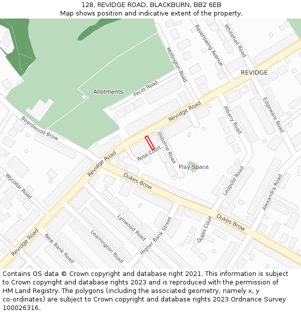 128, REVIDGE ROAD, BLACKBURN, BB2 6EB: Location map and indicative extent of plot