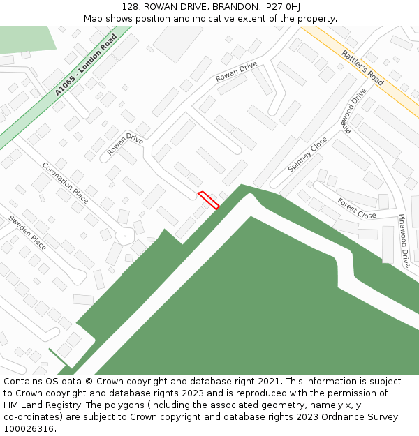 128, ROWAN DRIVE, BRANDON, IP27 0HJ: Location map and indicative extent of plot