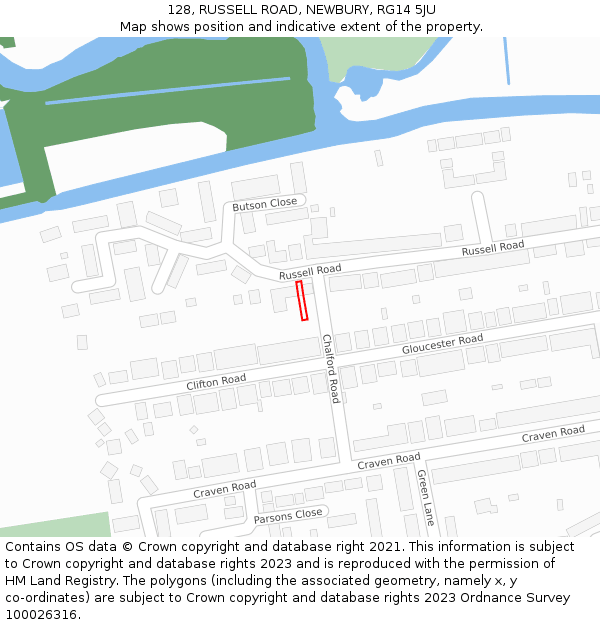 128, RUSSELL ROAD, NEWBURY, RG14 5JU: Location map and indicative extent of plot