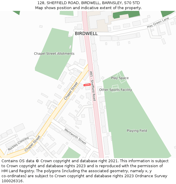 128, SHEFFIELD ROAD, BIRDWELL, BARNSLEY, S70 5TD: Location map and indicative extent of plot