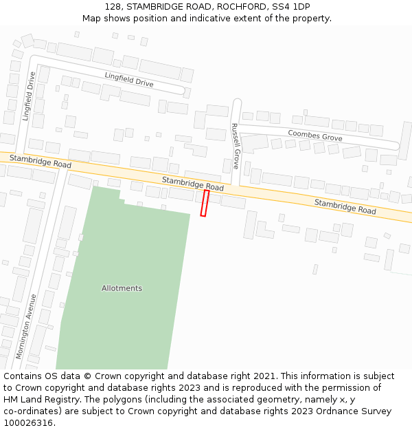 128, STAMBRIDGE ROAD, ROCHFORD, SS4 1DP: Location map and indicative extent of plot