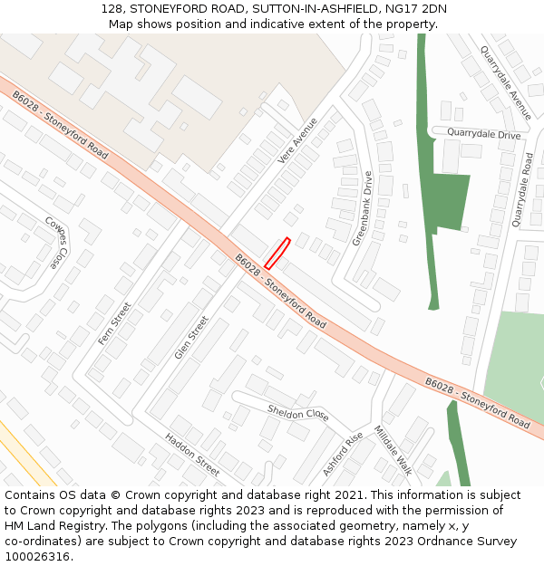 128, STONEYFORD ROAD, SUTTON-IN-ASHFIELD, NG17 2DN: Location map and indicative extent of plot