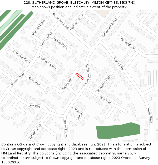 128, SUTHERLAND GROVE, BLETCHLEY, MILTON KEYNES, MK3 7NX: Location map and indicative extent of plot