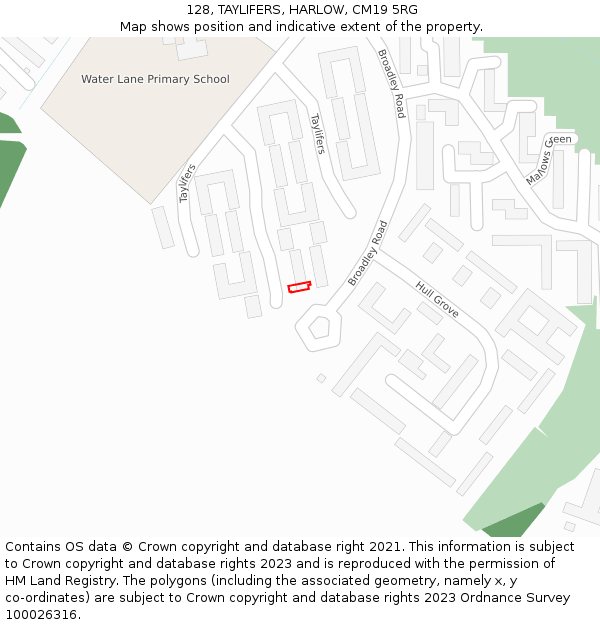 128, TAYLIFERS, HARLOW, CM19 5RG: Location map and indicative extent of plot