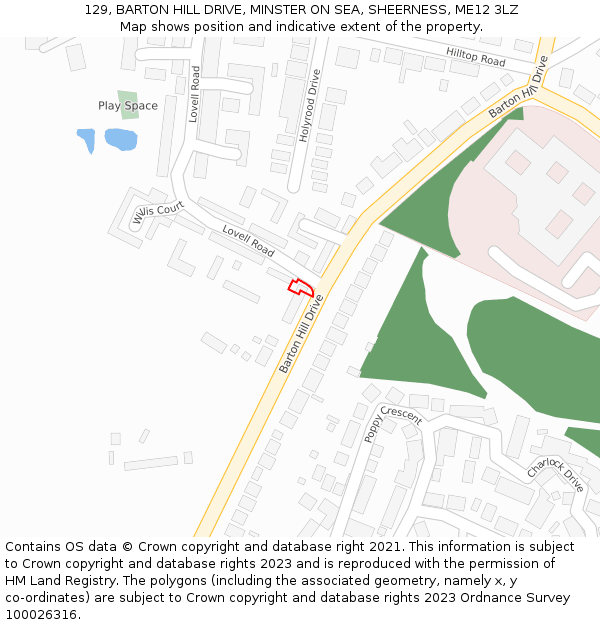 129, BARTON HILL DRIVE, MINSTER ON SEA, SHEERNESS, ME12 3LZ: Location map and indicative extent of plot