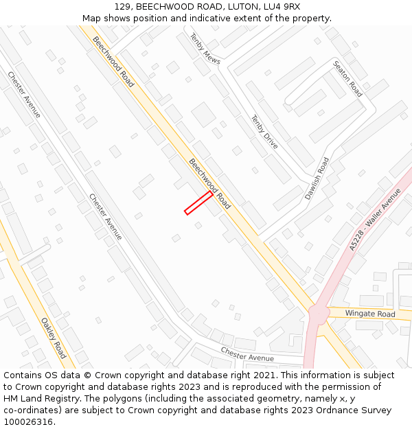 129, BEECHWOOD ROAD, LUTON, LU4 9RX: Location map and indicative extent of plot