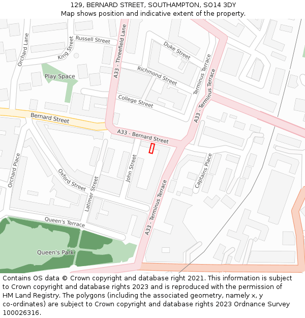 129, BERNARD STREET, SOUTHAMPTON, SO14 3DY: Location map and indicative extent of plot