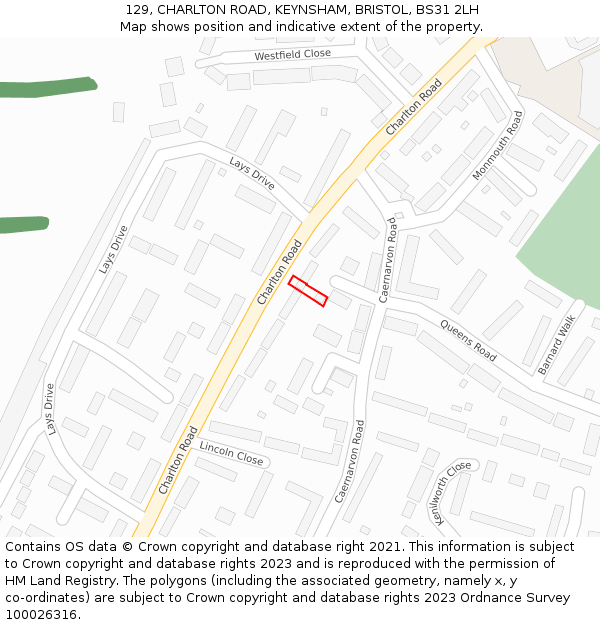 129, CHARLTON ROAD, KEYNSHAM, BRISTOL, BS31 2LH: Location map and indicative extent of plot