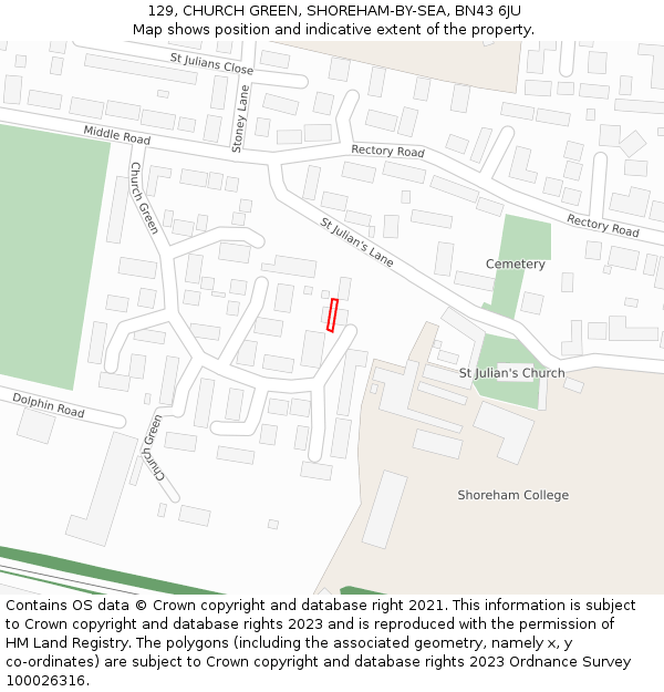 129, CHURCH GREEN, SHOREHAM-BY-SEA, BN43 6JU: Location map and indicative extent of plot