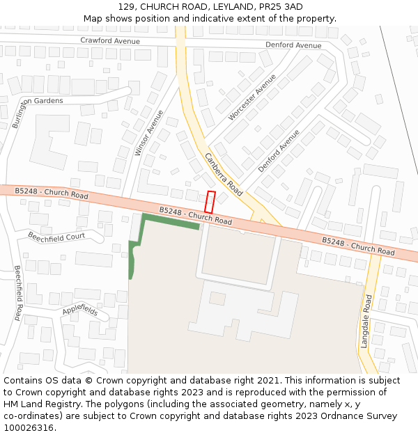 129, CHURCH ROAD, LEYLAND, PR25 3AD: Location map and indicative extent of plot