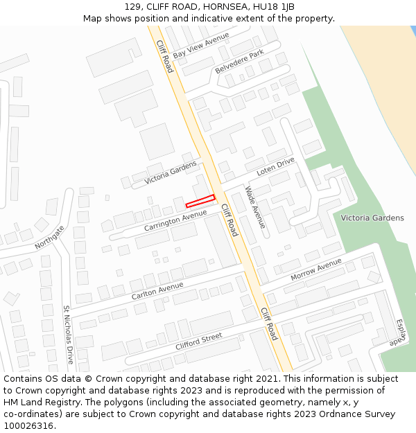 129, CLIFF ROAD, HORNSEA, HU18 1JB: Location map and indicative extent of plot