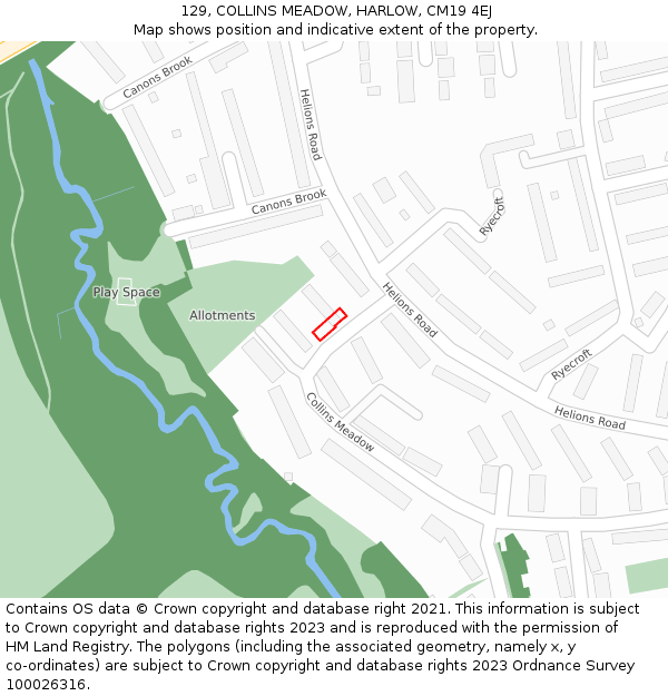 129, COLLINS MEADOW, HARLOW, CM19 4EJ: Location map and indicative extent of plot