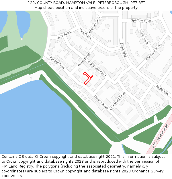 129, COUNTY ROAD, HAMPTON VALE, PETERBOROUGH, PE7 8ET: Location map and indicative extent of plot