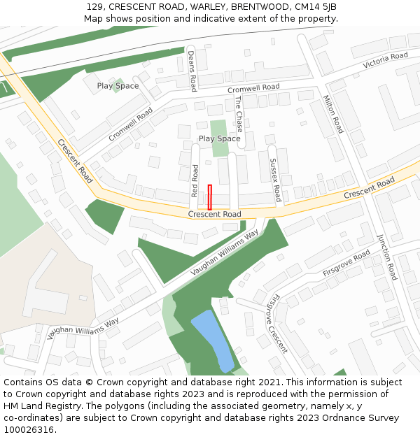 129, CRESCENT ROAD, WARLEY, BRENTWOOD, CM14 5JB: Location map and indicative extent of plot