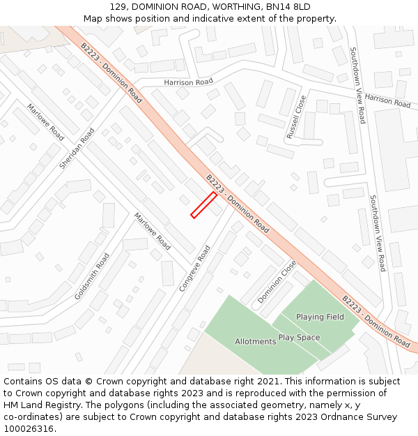 129, DOMINION ROAD, WORTHING, BN14 8LD: Location map and indicative extent of plot