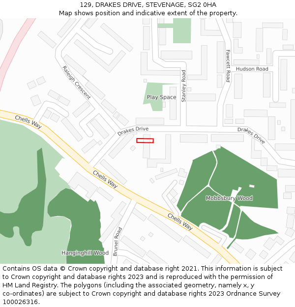 129, DRAKES DRIVE, STEVENAGE, SG2 0HA: Location map and indicative extent of plot