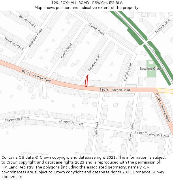 129, FOXHALL ROAD, IPSWICH, IP3 8LA: Location map and indicative extent of plot