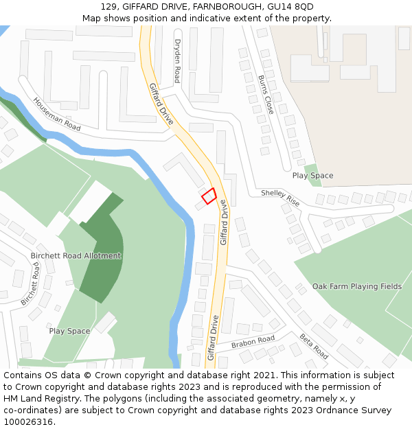 129, GIFFARD DRIVE, FARNBOROUGH, GU14 8QD: Location map and indicative extent of plot