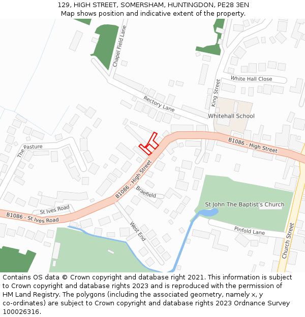 129, HIGH STREET, SOMERSHAM, HUNTINGDON, PE28 3EN: Location map and indicative extent of plot