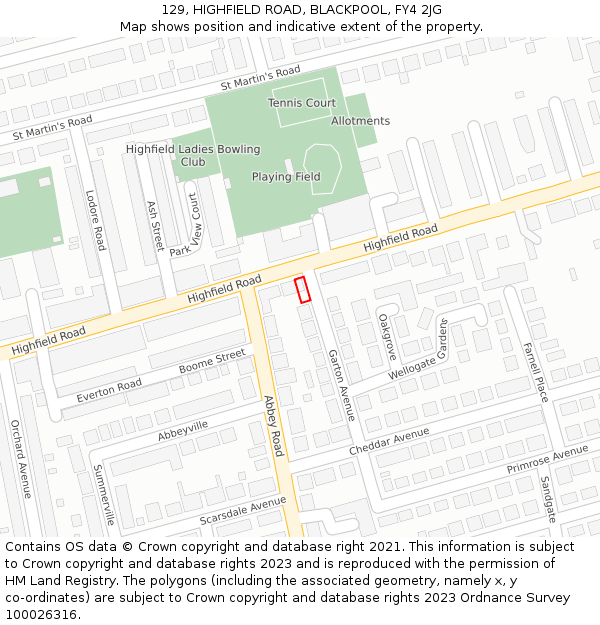 129, HIGHFIELD ROAD, BLACKPOOL, FY4 2JG: Location map and indicative extent of plot