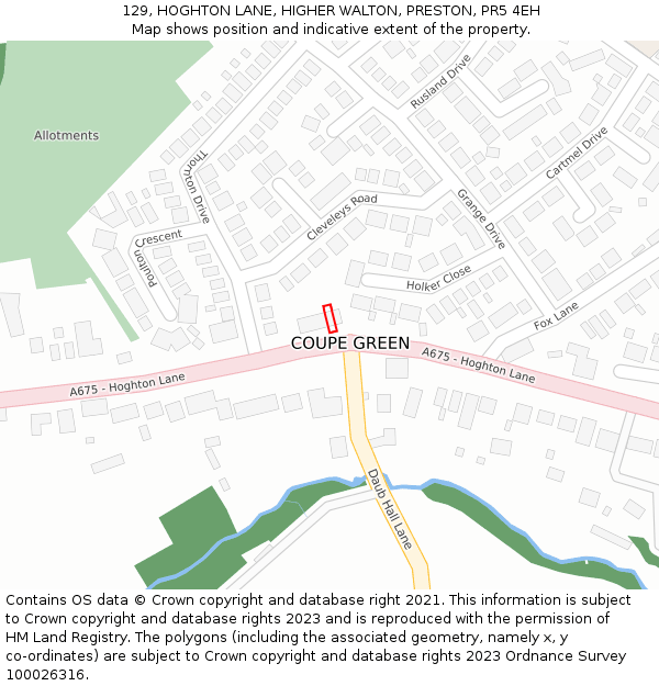129, HOGHTON LANE, HIGHER WALTON, PRESTON, PR5 4EH: Location map and indicative extent of plot