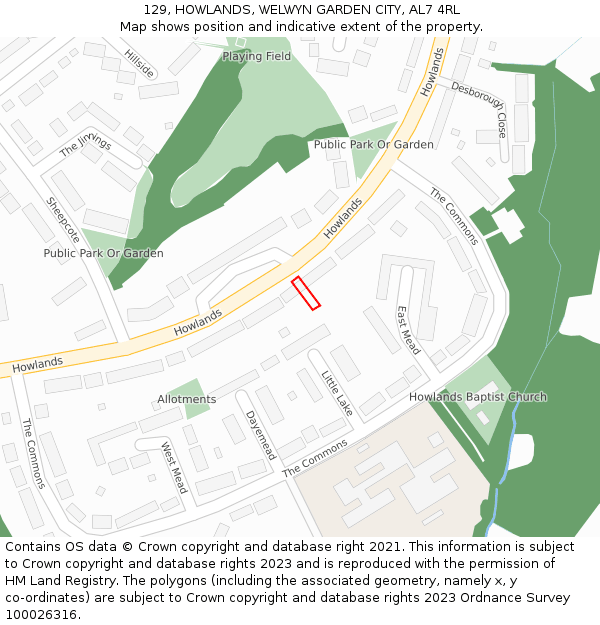 129, HOWLANDS, WELWYN GARDEN CITY, AL7 4RL: Location map and indicative extent of plot