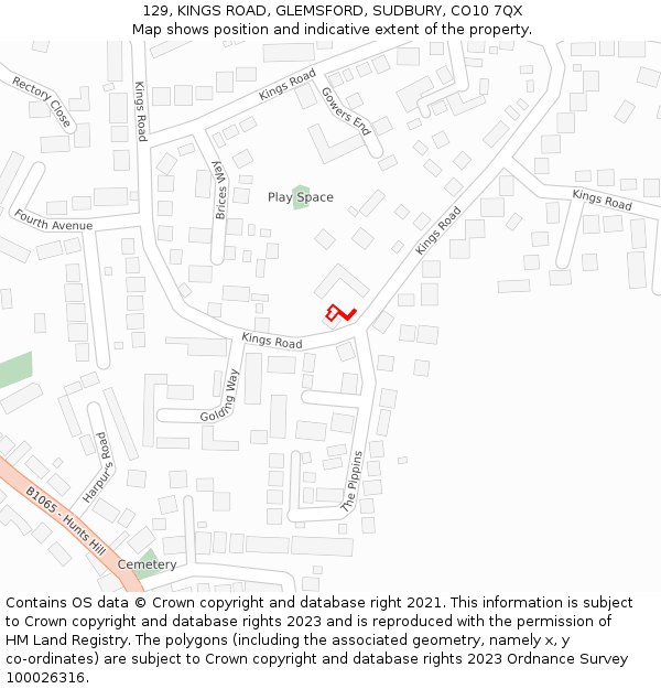 129, KINGS ROAD, GLEMSFORD, SUDBURY, CO10 7QX: Location map and indicative extent of plot