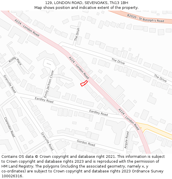 129, LONDON ROAD, SEVENOAKS, TN13 1BH: Location map and indicative extent of plot