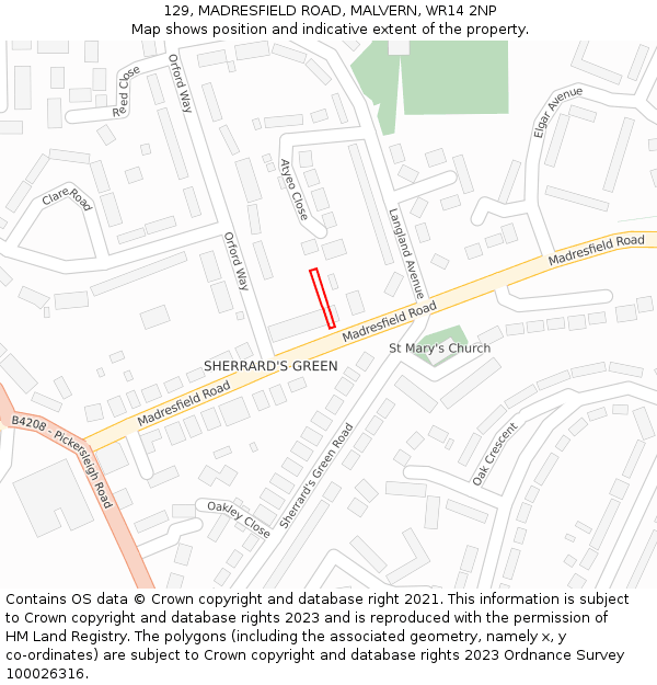 129, MADRESFIELD ROAD, MALVERN, WR14 2NP: Location map and indicative extent of plot