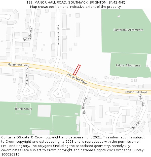 129, MANOR HALL ROAD, SOUTHWICK, BRIGHTON, BN42 4NQ: Location map and indicative extent of plot